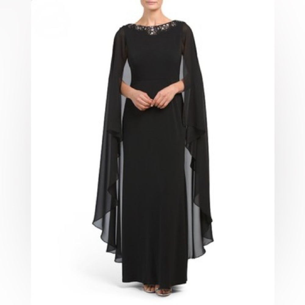 NWT Sangria Missy Beaded Neckline Cape Sleeve Gown Black Size 2 Evening Elegant